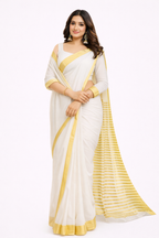 Elegant White & Gold Border Cotton Saree | Traditional Kerala Kasavu Style | Festive & Party Wear Saree with Running Blouse