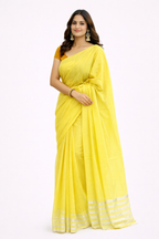 Elegant Yellow Pure Cotton Saree with Subtle Striped Border | Lightweight & Comfortable Daily Wear Saree