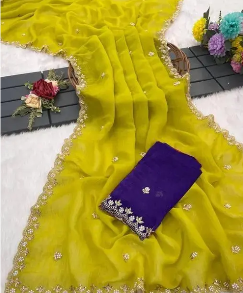 New Designer Chiffon Silk Saree | Party Wear Latest Collection with Elegant Handwork & Unstitched Blouse