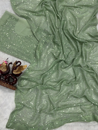 Green Embellished Georgette Party Wear Saree | Bollywood Style Beads & Stone Work with Running Blouse