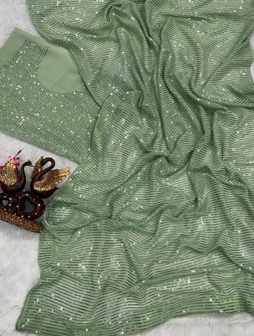 Green Embellished Georgette Party Wear Saree | Bollywood Style Beads & Stone Work with Running Blouse