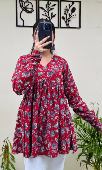 Trendy Maroon V-Neck Botanical Printed Short Kurti for Women – Viscose Rayon