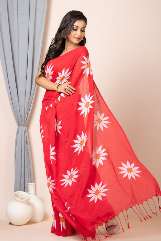 Green Cotton Blend Digital Print Saree | Bollywood Party Wear Saree with Printed Running Blouse