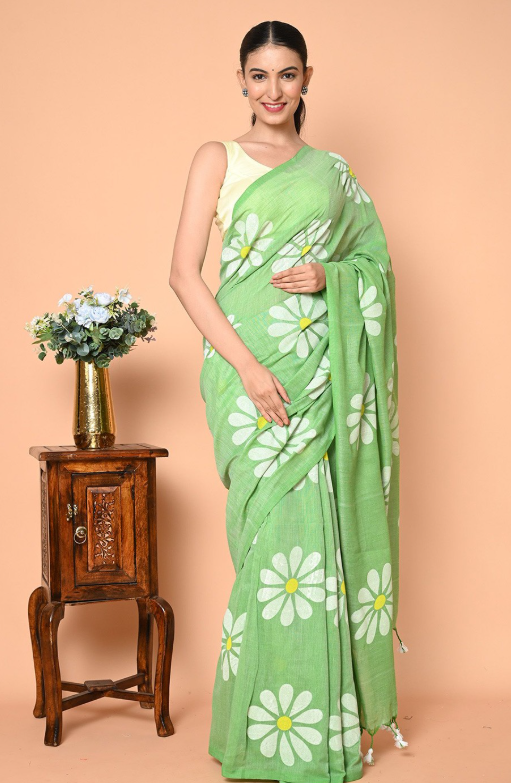Green Cotton Blend Digital Print Saree | Bollywood Party Wear Saree with Printed Running Blouse