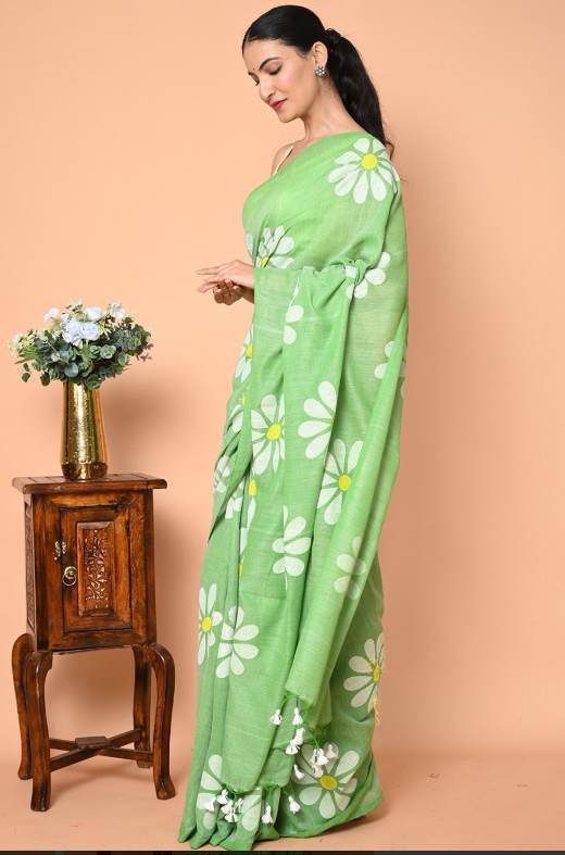 Green Cotton Blend Digital Print Saree | Bollywood Party Wear Saree with Printed Running Blouse