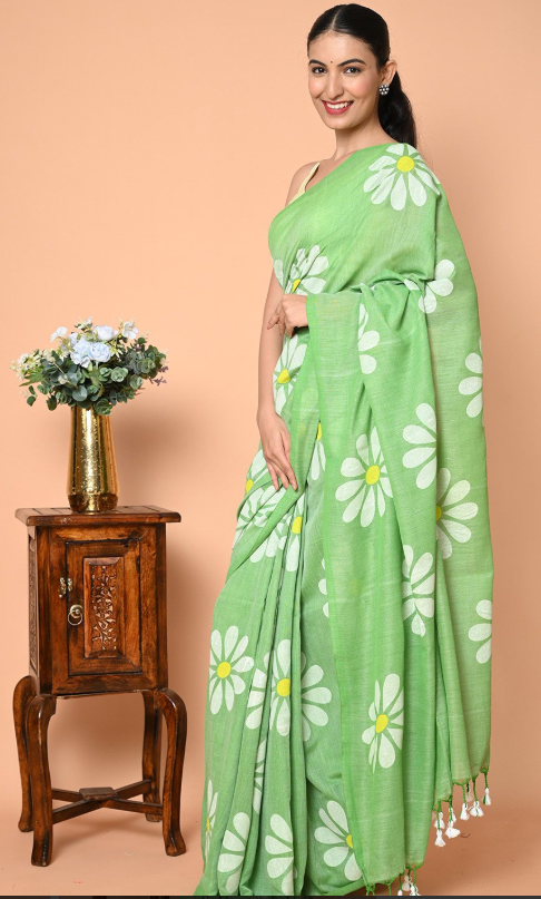 Green Cotton Blend Digital Print Saree | Bollywood Party Wear Saree with Printed Running Blouse