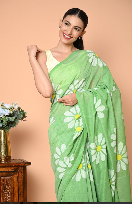 Green Cotton Blend Digital Print Saree | Bollywood Party Wear Saree with Printed Running Blouse