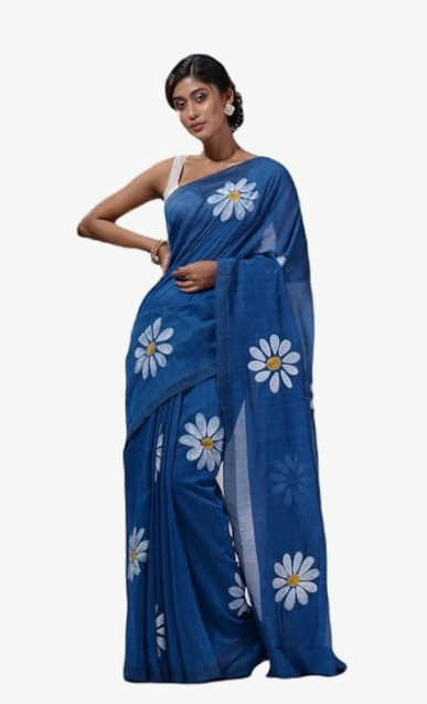 Blue Cotton Blend Digital Print Saree | Bollywood Party Wear Saree with Printed Running Blouse