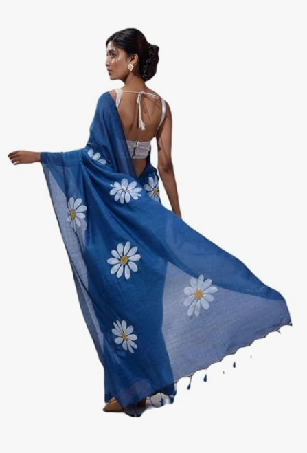 Blue Cotton Blend Digital Print Saree | Bollywood Party Wear Saree with Printed Running Blouse