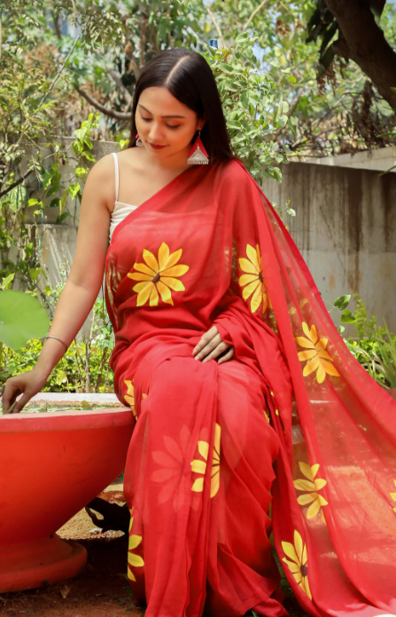 Black Cotton Blend Digital Print Saree | Bollywood Party Wear Saree with Printed Running Blouse