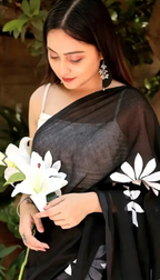 Black Cotton Blend Digital Print Saree | Bollywood Party Wear Saree with Printed Running Blouse