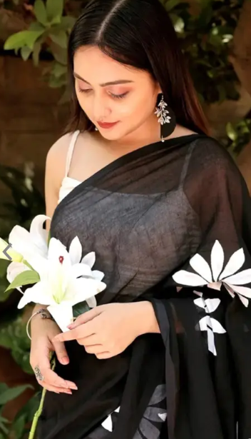 Black Cotton Blend Digital Print Saree | Bollywood Party Wear Saree with Printed Running Blouse