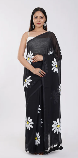 Black Cotton Blend Digital Print Saree | Bollywood Party Wear Saree with Printed Running Blouse