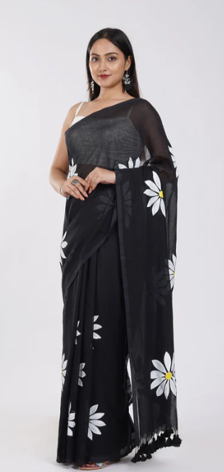 Black Cotton Blend Digital Print Saree | Bollywood Party Wear Saree with Printed Running Blouse