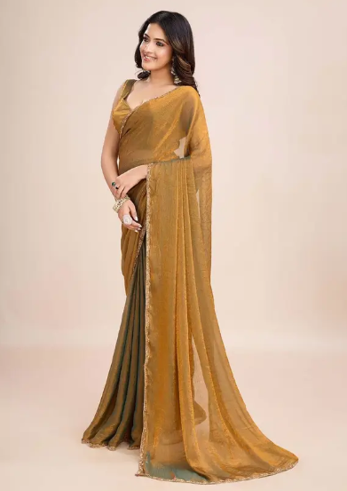 Women’s Soft Zimmy Choo Fandy Silk Saree with Handwork Lace Border | Golden Olive Green Saree with Unstitched Blouse Piece