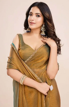 Women’s Soft Zimmy Choo Fandy Silk Saree with Handwork Lace Border | Golden Olive Green Saree with Unstitched Blouse Piece